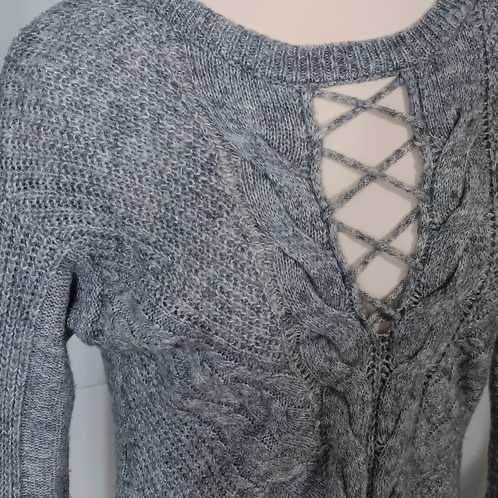 Gray Knit Sweater with Crisscross Back